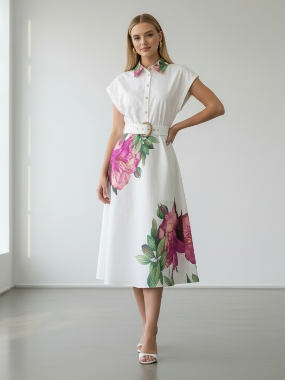 1410 • White Cotton Blend Large Scale Pink Peony “A” Line Dress w/Rattan Buckle